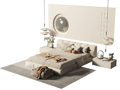 Modern Double Bed Interior With Beige Bedding Pillows Throw Blanket And Circular Wall Decor 3d model