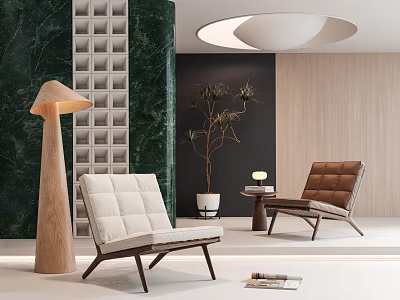 Modern Living Room Interior With Beige Brown Armchairs Side Table Floor Lamp And Plant 3d model