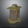 Traditional Pavilion Model With Green Tile Roof Eaves Wooden Structure Doors Windows On Grass Base