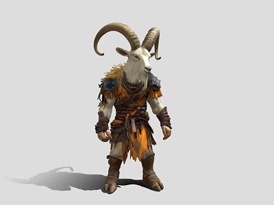 Goat Headed Game Movie Character With Curved Horns And Tattered Leather Armor 3d model