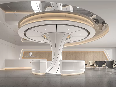 Modern Lobby Front Desk Reception With Circular White Curved Structure Wooden Wall And Minimalist Seating 3d model