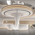 Modern Lobby Front Desk Reception With Circular White Curved Structure Wooden Wall And Minimalist Seating