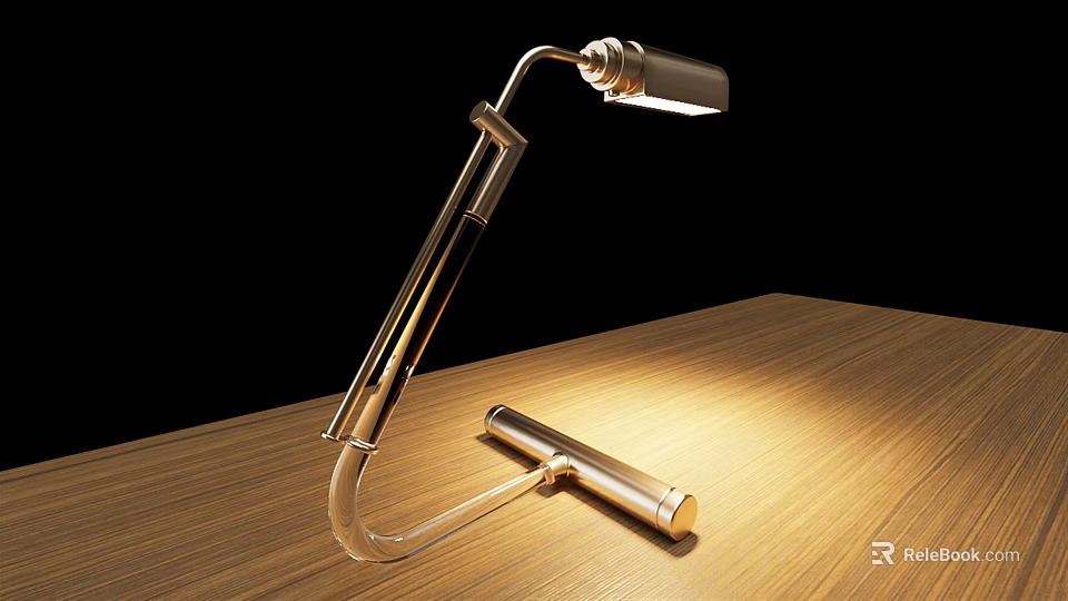 Modern Metal Desk Lamp With Flexible Arm On Wooden Table Warm Light Illumination 3d model 