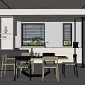 Modern Open Concept Restaurant Kitchen Design With Dining Table Chairs And Large Windows 3d model
