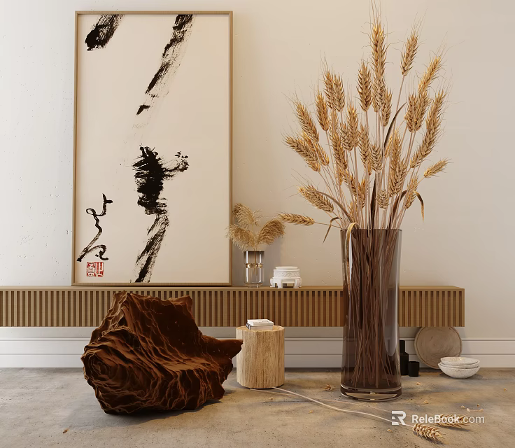 Minimalist Floral Display With Wheat Ears in Glass Vase Wooden Decoration Calligraphy Painting Decor 3d model 