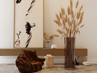 Minimalist Floral Display With Wheat Ears in Glass Vase Wooden Decoration Calligraphy Painting Decor 3d model