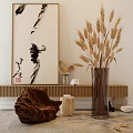 Minimalist Floral Display With Wheat Ears in Glass Vase Wooden Decoration Calligraphy Painting Decor