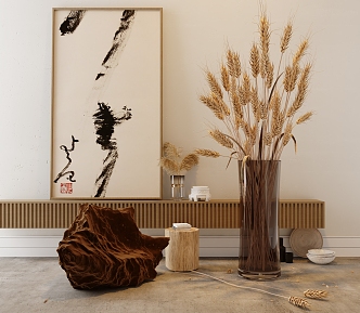 Modern Middle Ancient Flower Art Vase Flower Art Middle Ancient Style Hanging Picture Lazy Sofa Rice Ear Reed 3d model