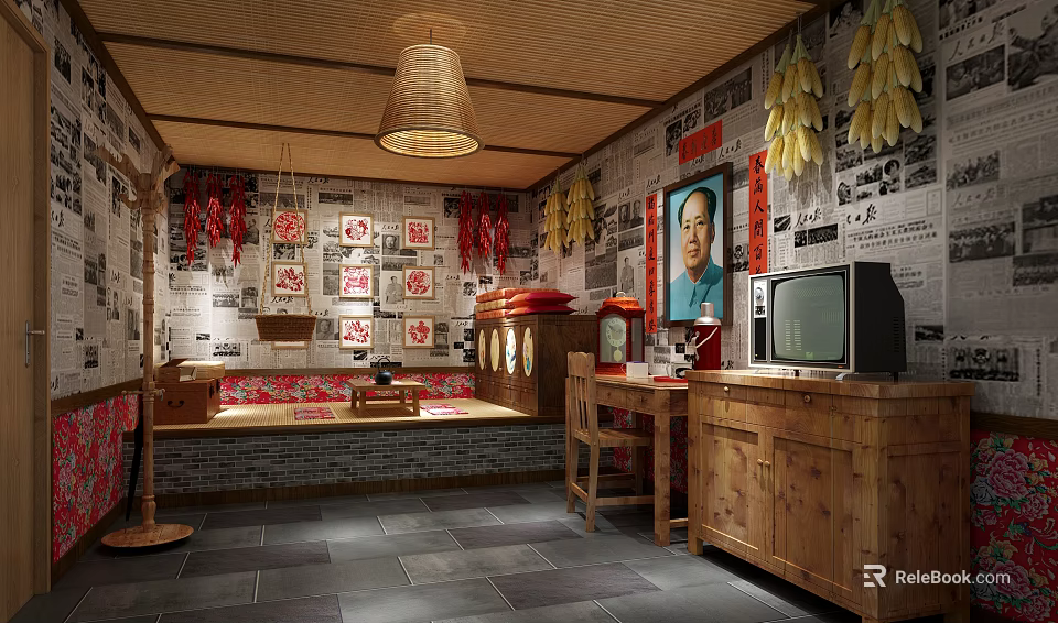 Traditional Restaurant With Wooden Ceiling Bamboo Pendant Light Hanging Corn Red Chili Peppers Vintage TV 3d model 