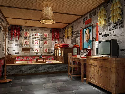 Traditional Restaurant With Wooden Ceiling Bamboo Pendant Light Hanging Corn Red Chili Peppers Vintage TV 3d model