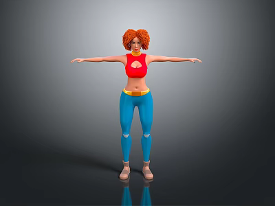 Red Haired Female Character With Red Top And Blue Pants In Gray Background Arms Outstretched 3d model