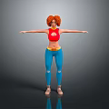 Red Haired Female Character With Red Top And Blue Pants In Gray Background Arms Outstretched