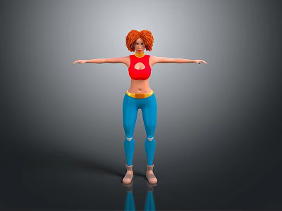 Red Haired Female Character With Red Top And Blue Pants In Gray Background Arms Outstretched 3d model