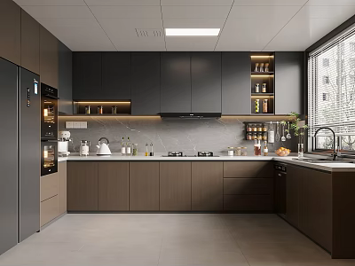 Modern Kitchen Interior With Dark Cabinets Marble Countertop Appliances And Window 3d model