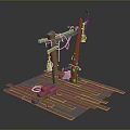 Artistic Wooden Equipment Setup With Hanging Green Lanterns Red Parts And Platform Base