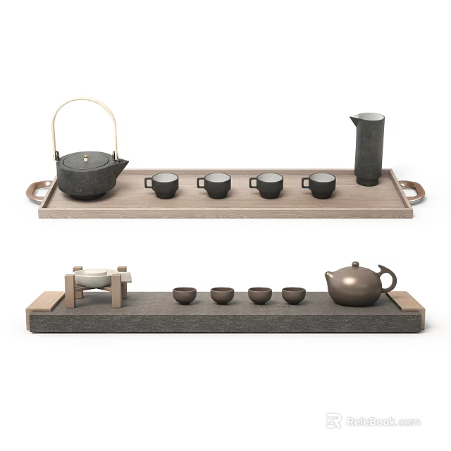 Elegant Tea Set With Black Brown Teapot Teacups And Wooden Stone Trays 3d model 