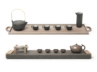 Elegant Tea Set With Black Brown Teapot Teacups And Wooden Stone Trays 3d model