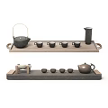 Elegant Tea Set With Black Brown Teapot Teacups And Wooden Stone Trays