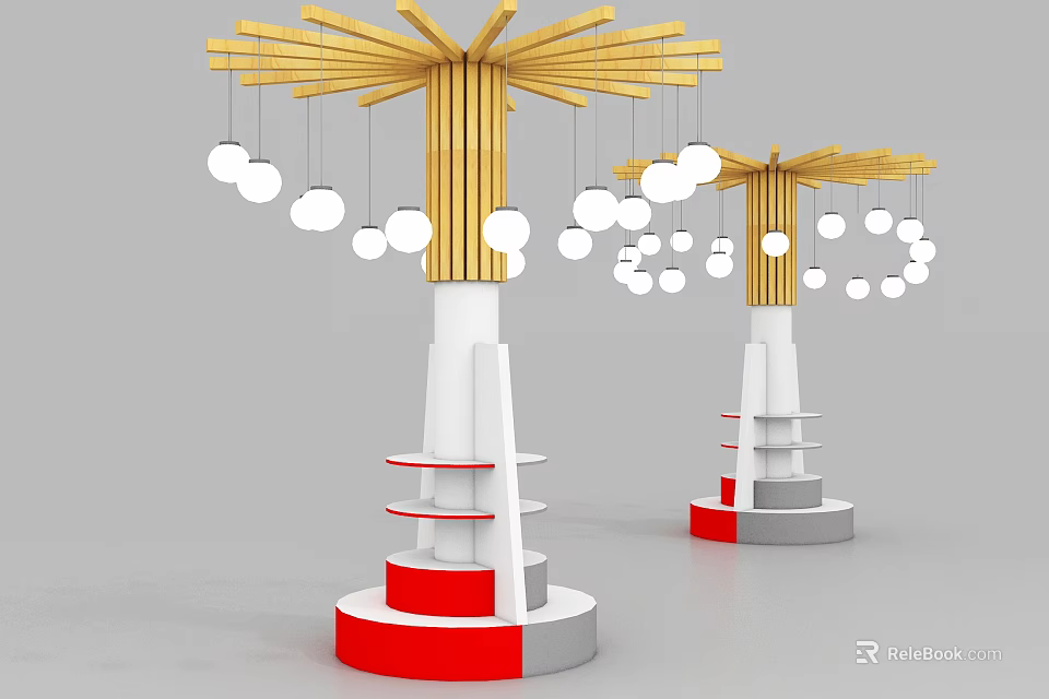 Modern Tiered Display Shelves with Wooden Top Round Pendant Lights and White Red Gray Bases 3d model 
