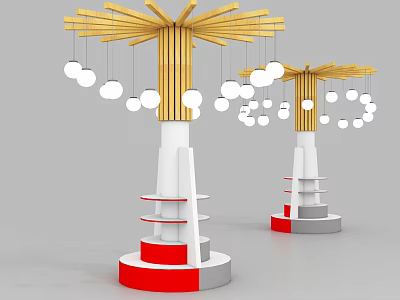 Modern Tiered Display Shelves with Wooden Top Round Pendant Lights and White Red Gray Bases 3d model