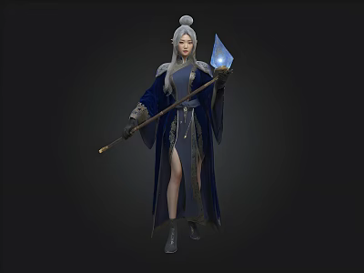 Silver Haired Female Mage Wearing Traditional Robe With Blue Glowing Staff 3d model