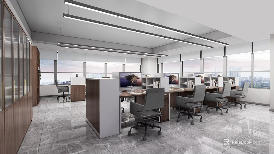 Modern Office Interior With Cubicles Computers Office Chairs And Large Windows 3d model