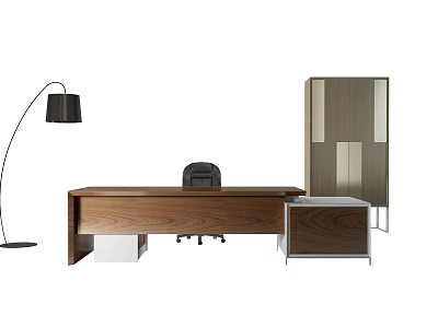 Modern Office Desk With Black Chair Floor Lamp And Wooden Cabinet 3d model