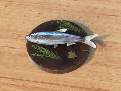 Fresh Fish on Wooden Round Cutting Board with Rosemary and Leaf on Wooden Table Surface 3d model