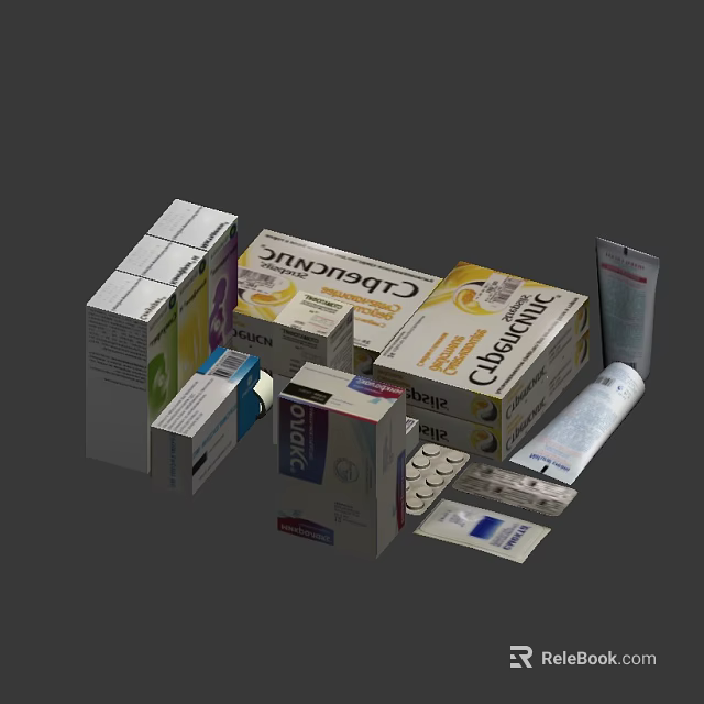 Medical Devices Collection Featuring Medicine Boxes Tablets Ointment Tubes And Packaging 3d model 