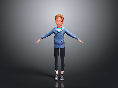 3D Character Model In Blue Hoodie Black Leggings With Arms Outstretched Against Grey Gradient Background 3d model