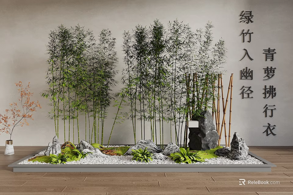 Green Bamboo in Serene Garden Path with Stone Moss and Hanging Vines 3d model 
