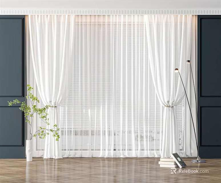 Elegant White Lightweight Curtains with Green Plant and Floor Lamp in Room with Dark Walls and Wooden Floor 3d model 