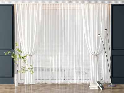 Elegant White Lightweight Curtains with Green Plant and Floor Lamp in Room with Dark Walls and Wooden Floor 3d model