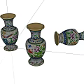 Three Decorative Ceramic Vases With Colorful Patterns And Gold Edges One Lying Down 3d model
