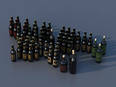 Wine Bottles And Glasses In Various Colors Shapes On Gray Background 3d model