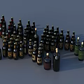 Wine Bottles And Glasses In Various Colors Shapes On Gray Background