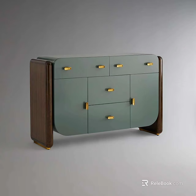 Modern Elegant Sideboard Featuring Green Cabinet Drawers Doors Dark Brown Frame And Golden Handles 3d model 