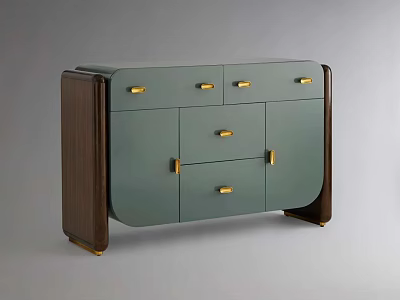 Modern Elegant Sideboard Featuring Green Cabinet Drawers Doors Dark Brown Frame And Golden Handles 3d model