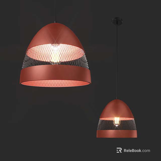 Red Hemispherical Pendant Lights With Black Mesh Design And Illuminated Bulbs 3d model 