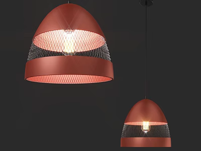 Red Hemispherical Pendant Lights With Black Mesh Design And Illuminated Bulbs 3d model