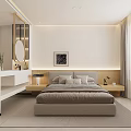 Modern Minimalist Bedroom Interior With Beige Bed Wall Art Round Mirror And Area Rug