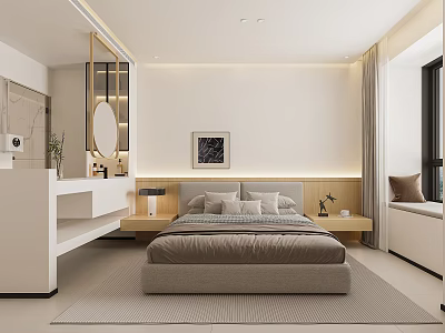 Modern Minimalist Bedroom Interior With Beige Bed Wall Art Round Mirror And Area Rug 3d model