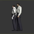 Two Men Wearing White Shirts Dark Ties And Dark Pants With Mechanical Arms