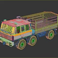White Blue and Yellow Cargo Truck With Open Bed Metal Railings And Multiple Wheels