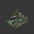 Green Military Tank With Gun Turret Tracks And Antennas On Gray Background