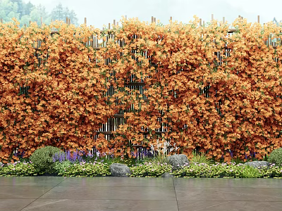 Orange Flowering Vines Covering Bamboo Fence With Green Plants And Stones 3d model