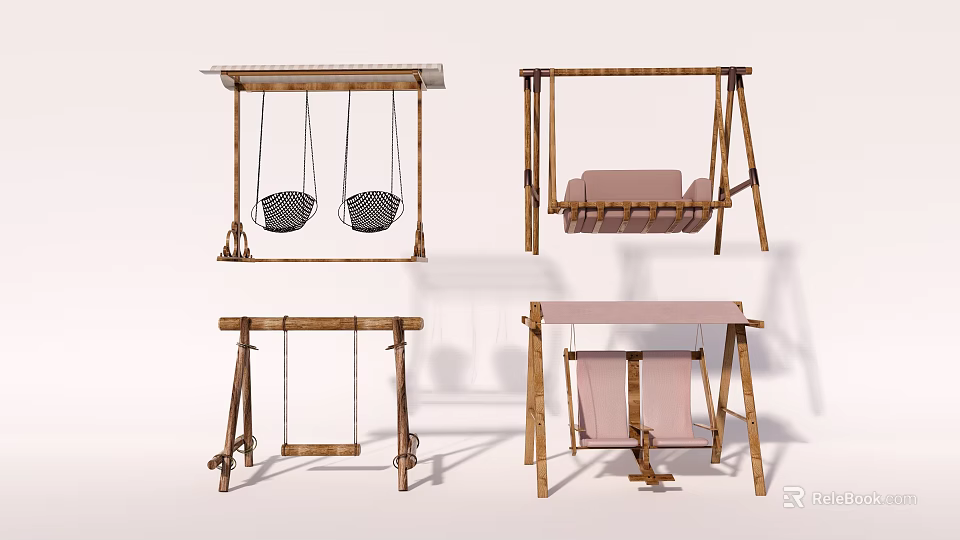 Modern Wooden Frame Swing Chairs with Woven and Cushioned Seats and Pink Accents 3d model 