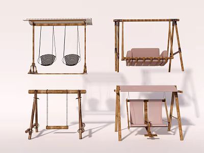 Modern Wooden Frame Swing Chairs with Woven and Cushioned Seats and Pink Accents 3d model