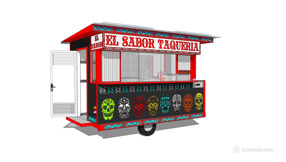 Red Mobile Taco Truck Featuring Colorful Skull Designs and Service Window 3d model 