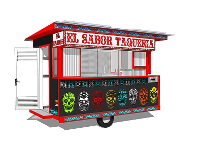 Red Mobile Taco Truck Featuring Colorful Skull Designs and Service Window 3d model